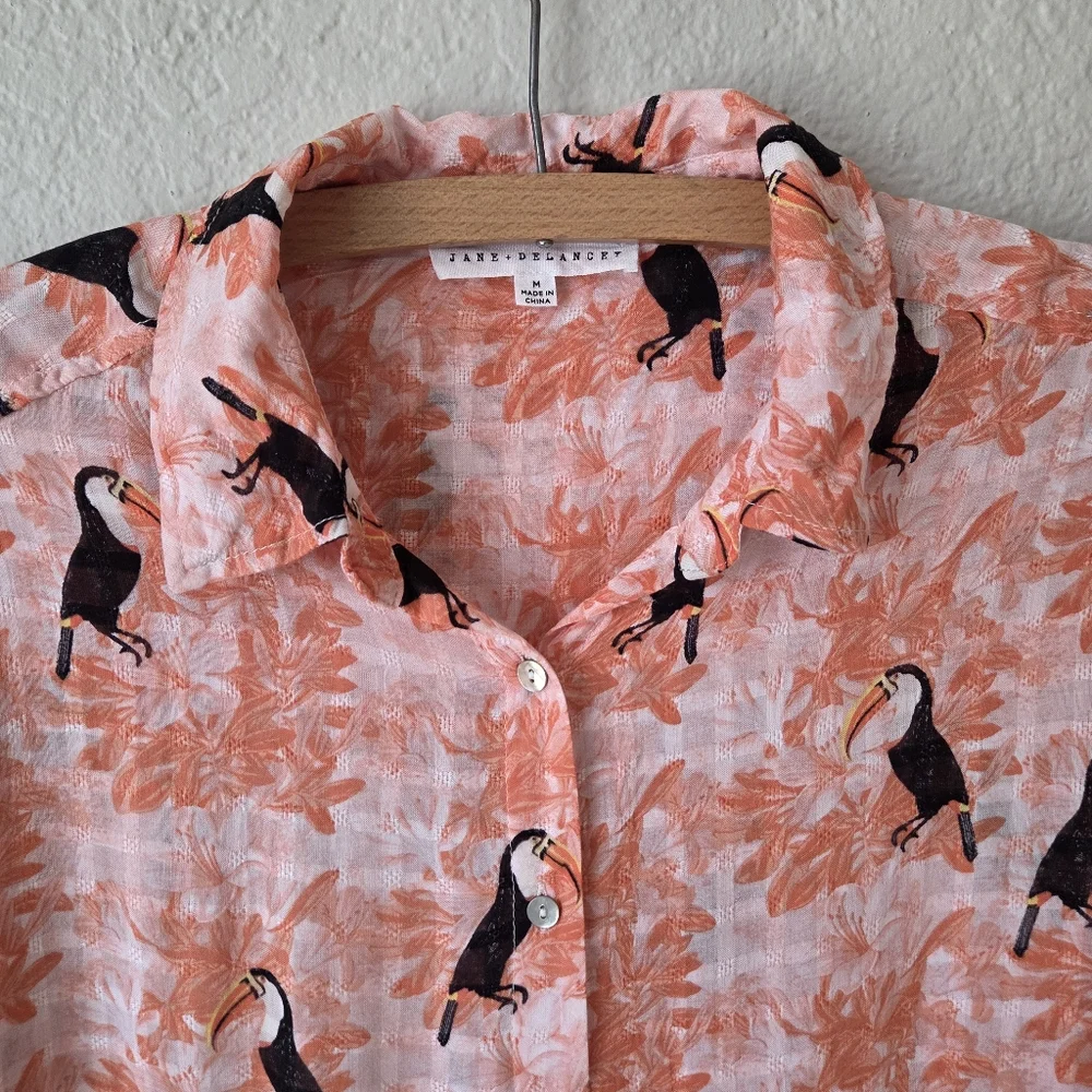 Jane Delancey Tunic Shirt Dress Size M Orange Tropical Tucans Bird Print Resort - Picture 5 of 16